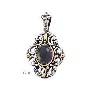 Sterling Silver 14ky Genuine Amethyst Cabochon Pendant