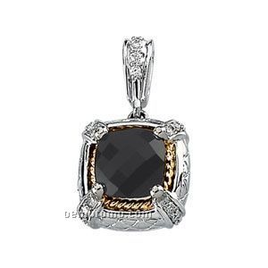 18ky And 14kw Genuine Checkerboard Onyx And 1/8 Ct Tw Diamond Pendant
