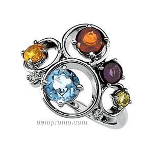 14kw Genuine Multi-color Gemstones And .05 Ct Tw Diamond Circles Ring