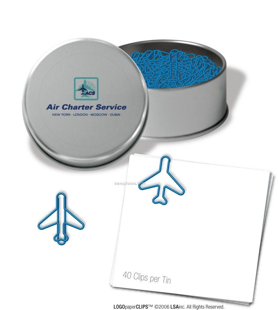 Stock Logo Paper Clips In Tins Full Color Mylar Label (Blue Airplanes)