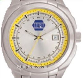 Pedre Daytona Silver Watch W/ Stainless Steel Bracelet & Yellow Inner Ring