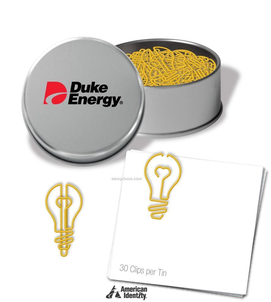 Stock Logo Paper Clips In Tins Full Color Mylar Label (Light Bulb)