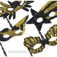 Gold & Black Sequin Masks W/Sticks - Assorted Shapes (12 Pack)