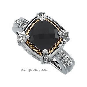 14kw Genuine Checkerboard Onyx And 1/8 Ct Tw Diamond Ring