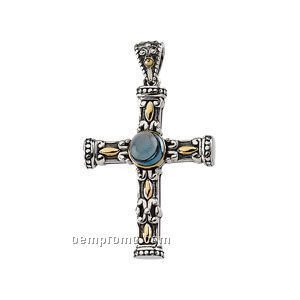 Sterling Silver/14ky Genuine London Blue Topaz Cross Pendant