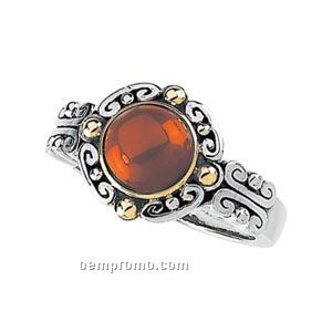 Sterling Silver Two Tone Genuine Dyed Red Coral Cabochon Ring