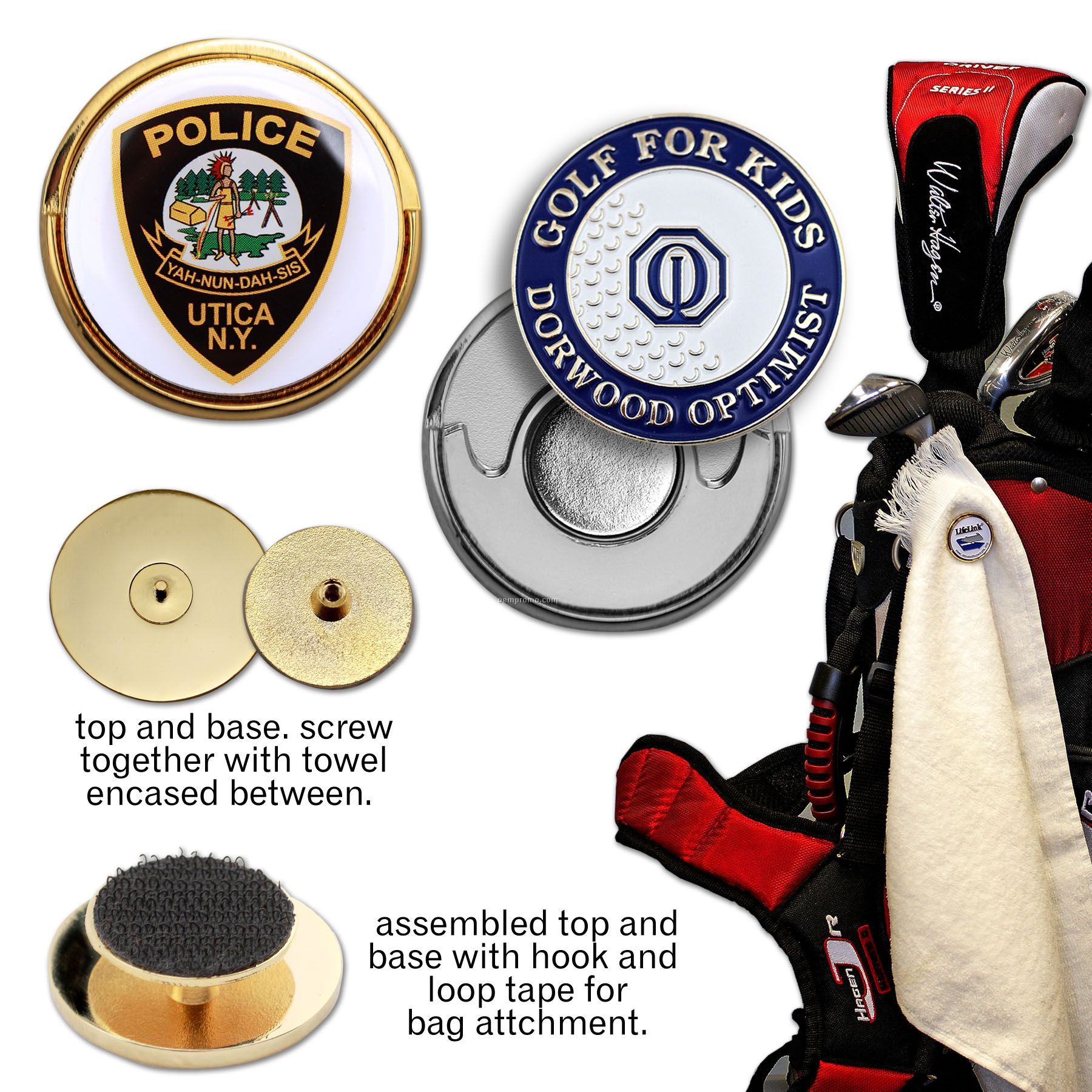 Golf Towel Holder With Custom Ball Marker (1")