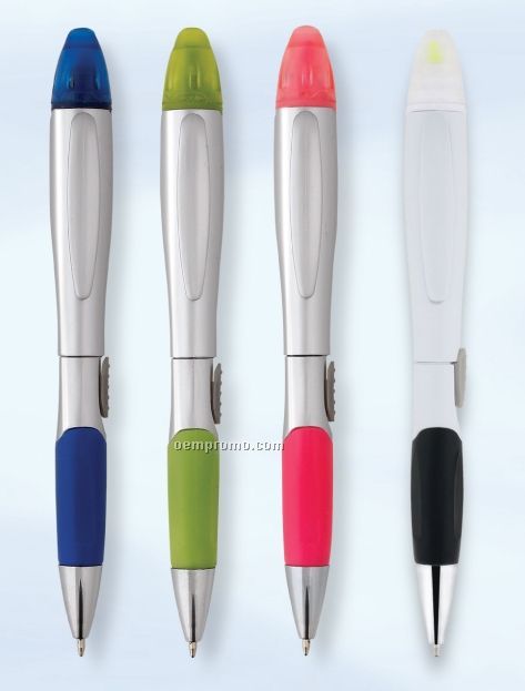 Enigma Match Push Action Pen W/ Colored Comfort Grip & Highlighter