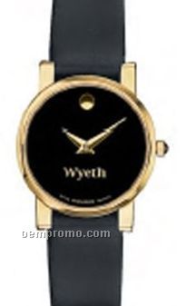 Women's Movado Gold Finish Watch W/ Black Museum Dial & Calfskin Strap