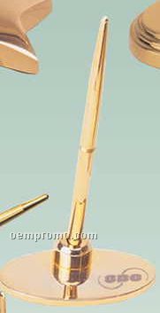 7-1/4"X4-1/4"X3" Gold Plated Oval Pen Holder W/ Brass Pen (Screened)