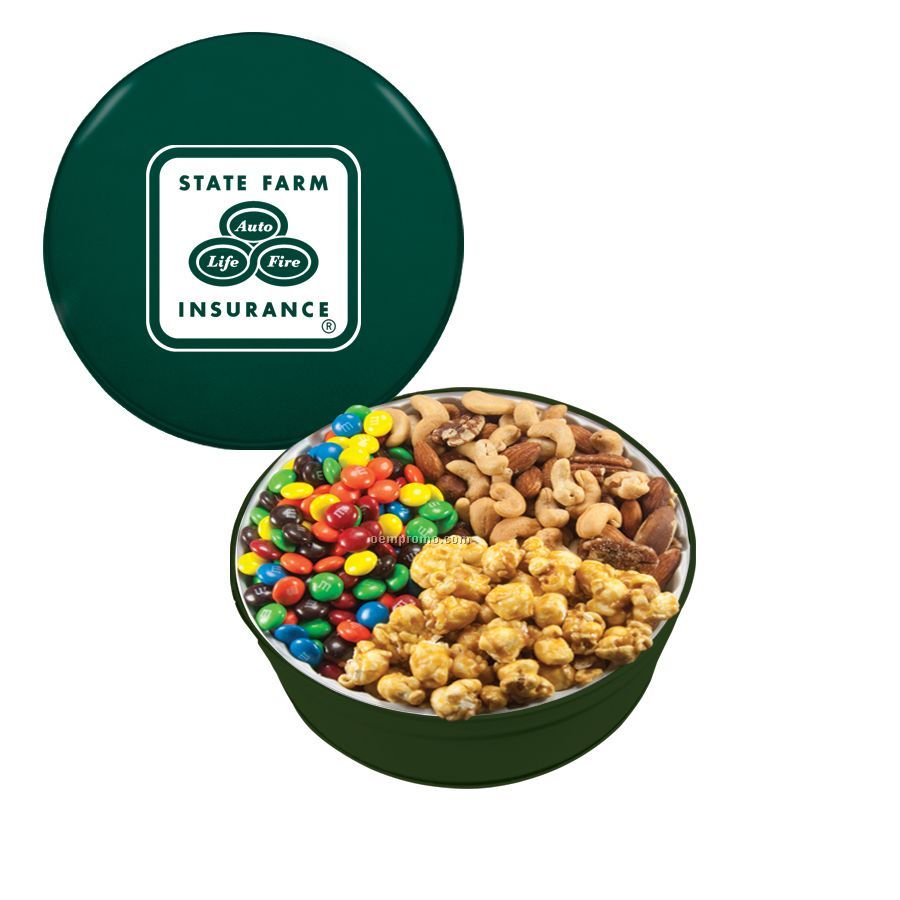 Green The Grand Tin With M&M's, Mixed Nuts, And Caramel Popcorn