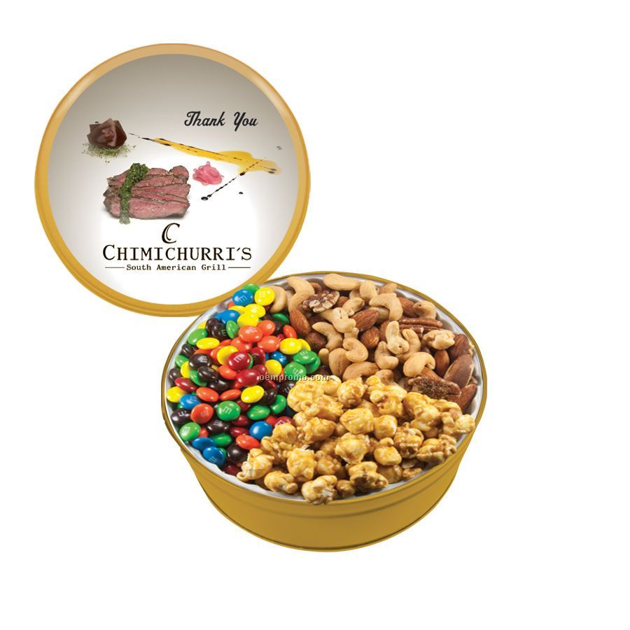 Gold The Grand Tin With M&M's, Mixed Nuts, And Caramel Popcorn