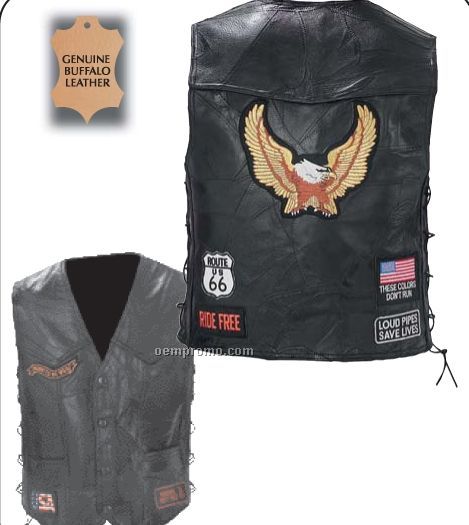 Diamond Plate Genuine Buffalo Leather Biker Vest W/ Multiple Patches (3xl)