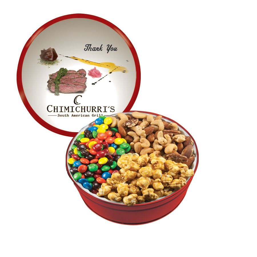 Red The Grand Tin With M&M's, Mixed Nuts, And Caramel Popcorn