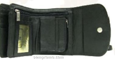 Ladies Black Cowhide Tri-fold Neck Wallet