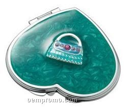 Green Heart Iron Compact Mirror With Purse Ornament & Epoxy Top