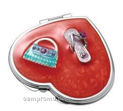 Red Heart Iron Compact Mirror With Purse Ornament & Epoxy Top