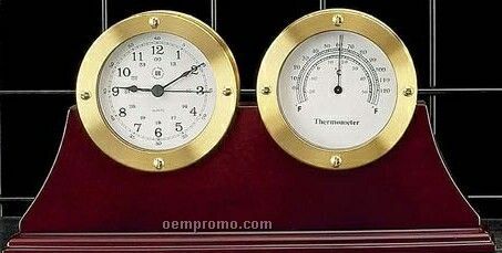 Gold Tone Metal Clock & Thermometer On Mahogany Base