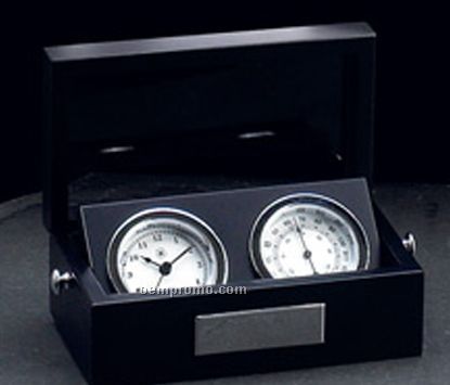 Chrome Clock & Thermometer In Black Box W/ Glass Top