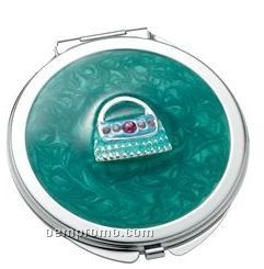 Green Round Iron Compact Mirror With Purse Ornament & Epoxy Top