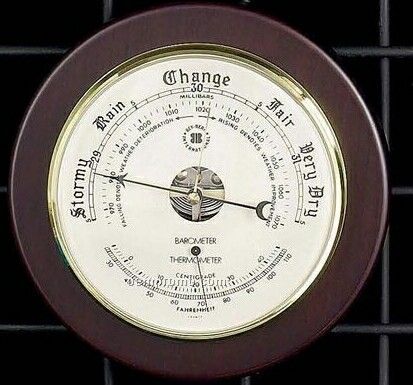 Brass Barometer & Thermometer On Cherry Wood Base