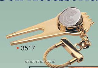 3"X1-3/4" Gold Plated Brass Golf Divot Tool/ Keyring/ Marker (Engraved)