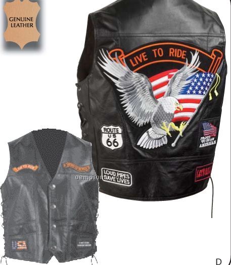 Diamond Plate Solid Genuine Leather "Live To Ride" Motorcycle Vest (L)