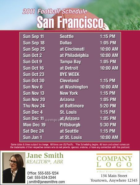 San Francisco Football Schedule Postcards-standard (4 1/4" X 5 1/2")