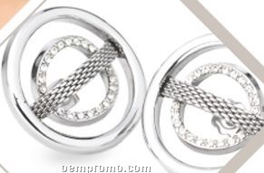 Skagen Silver Oval Earrings W/ Crystal Inset Inner Circle & Mesh Bar