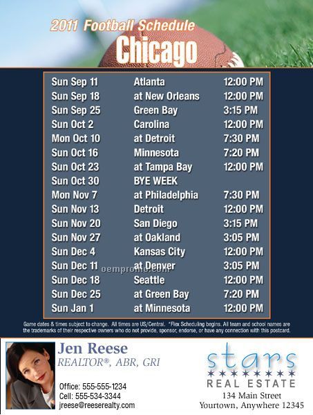 Chicago Football Schedule Postcards- Jumbo (8-1/2" X 5-1/2")
