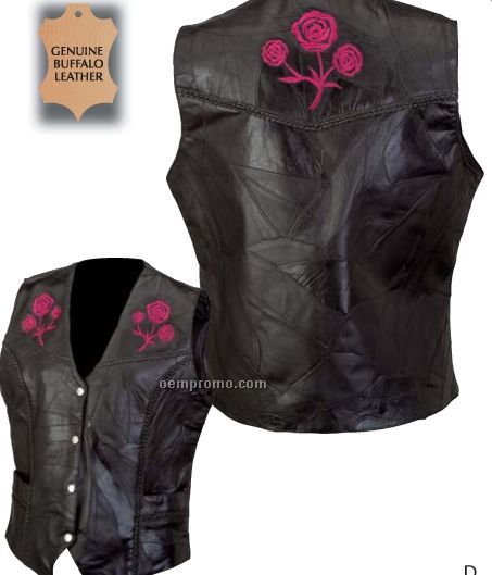 Diamond Plate Rock Design Ladies' Leather Vest W/ Embroidered Roses (S)