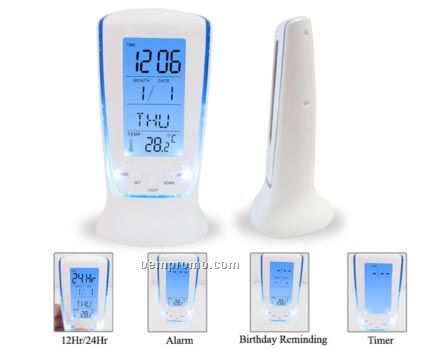 Lcd Alarm Clock W/ Calendar, Thermometer & Ring Light
