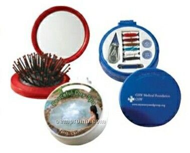 Austin Round Compact Mirror W/ Hairbrush & Sewing Kit