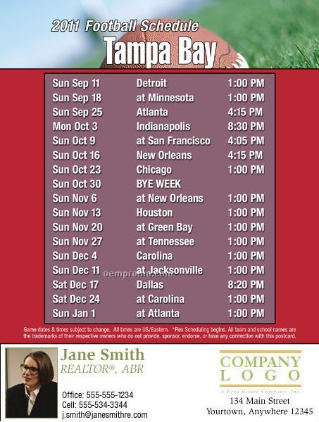Tampa Bay Football Schedule Postcards-jumbo (8-1/2" X 5-1/2")