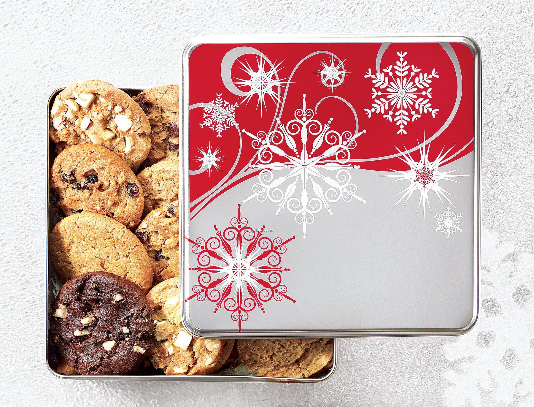 Silver & Red Snowflakes Tin W/ 96 Nibblers Cookies