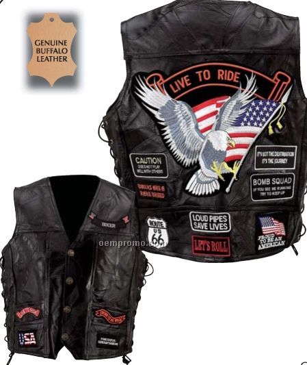 Diamond Plate Genuine Buffalo Leather Vest W/ 14 Patches (2xl)