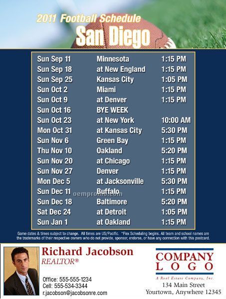 San Diego Football Schedule Postcards-jumbo (8-1/2" X 5-1/2")