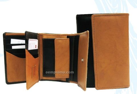 Medium Brown Ladies Cowhide Tri Fold Wallet W/ Sim Card