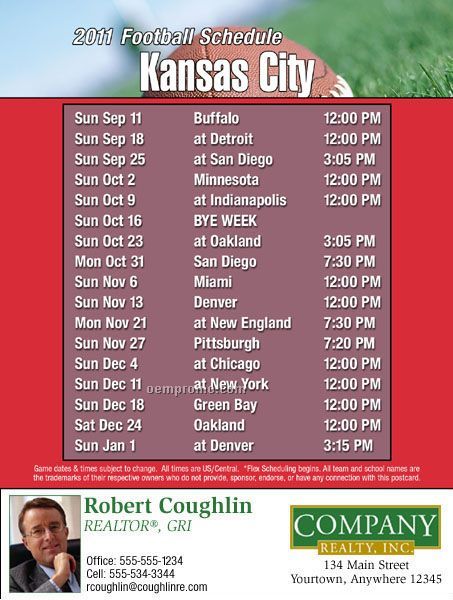 Kansas City Football Schedule Postcards-jumbo (8-1/2" X 5-1/2")