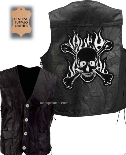 Diamond Plate Leather Vest W/ Skull & Crossbones Embroidered Patch (M)