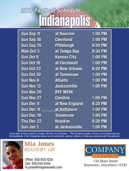 Indianapolis Football Schedule Postcards- Jumbo (8-1/2" X 5-1/2")