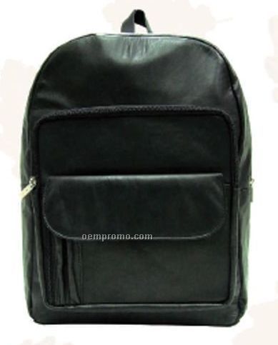 Black Cowhide Top Zip Knapsack Backpack W/ Front Flap