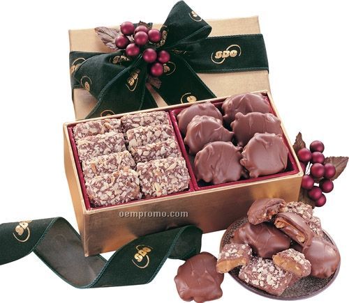 Gold Gift Box W/ English Butter Toffee & Pecan Turtles