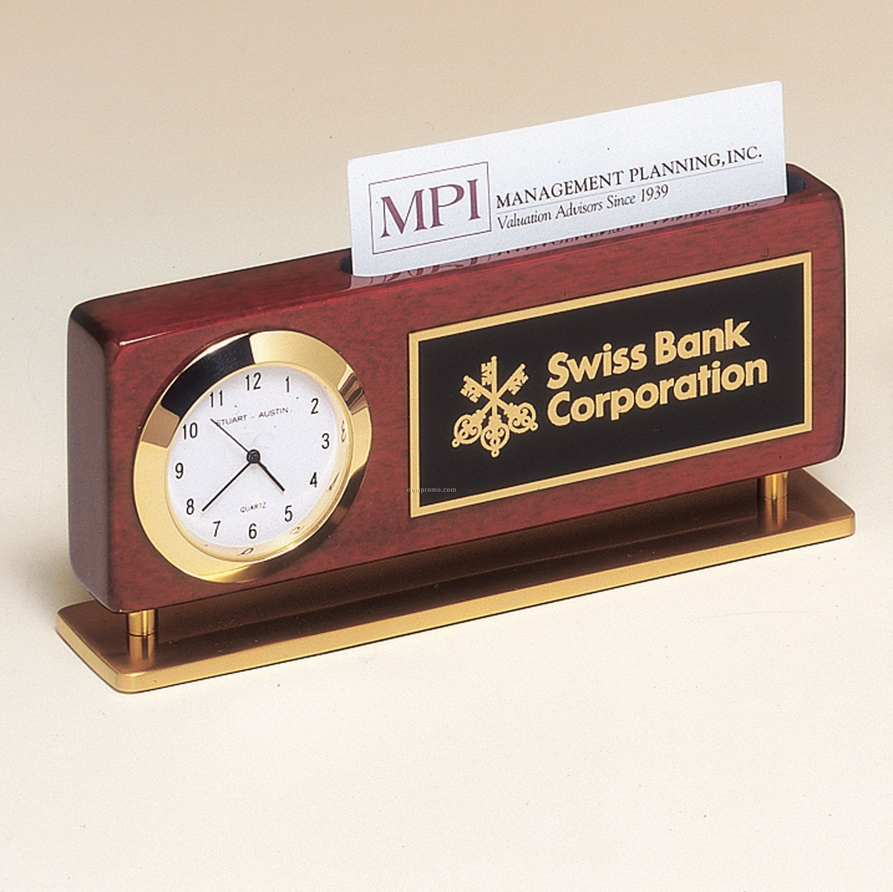 Rosewood Piano Finish Clock With Business Card Holder
