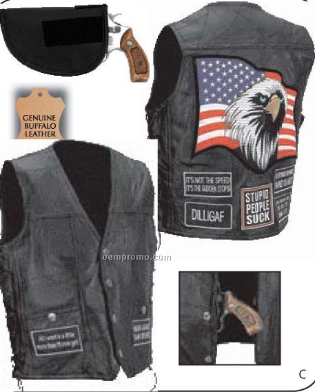 Diamond Plate Leather Concealed Carry Vest With Patches (M)
