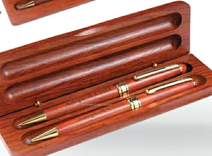 European Rosewood Pen And Pencil Set In Rosewood Box