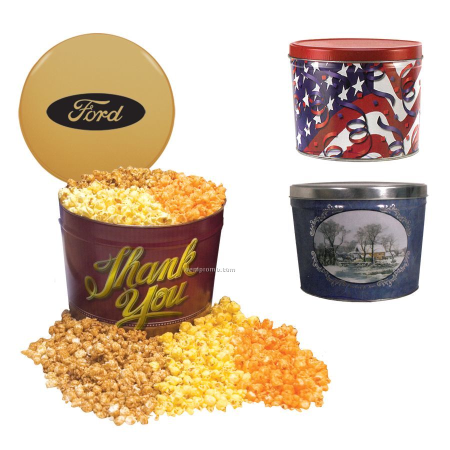 Designer Three Way 2 Gallon Popcorn Tin W/ Caramel, Butter & Cheese Flavors