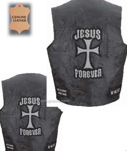 Giovanni Navarre Genuine Leather Vest With Christian Patches (M)
