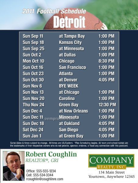 Detroit Football Schedule Postcards - Standard (4-1/4" X 5-1/2")