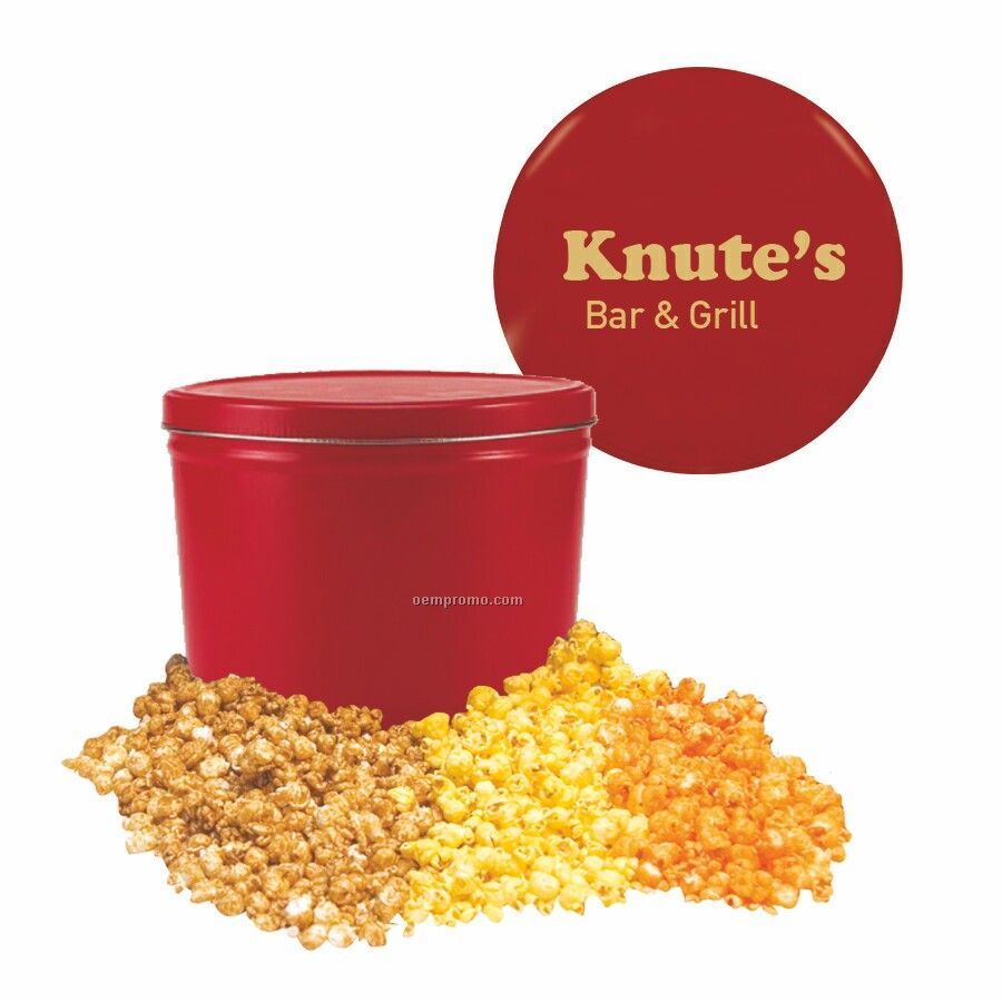 Red Three Way Two Gallon Popcorn Tin W/ Caramel, Butter & Cheese Flavors